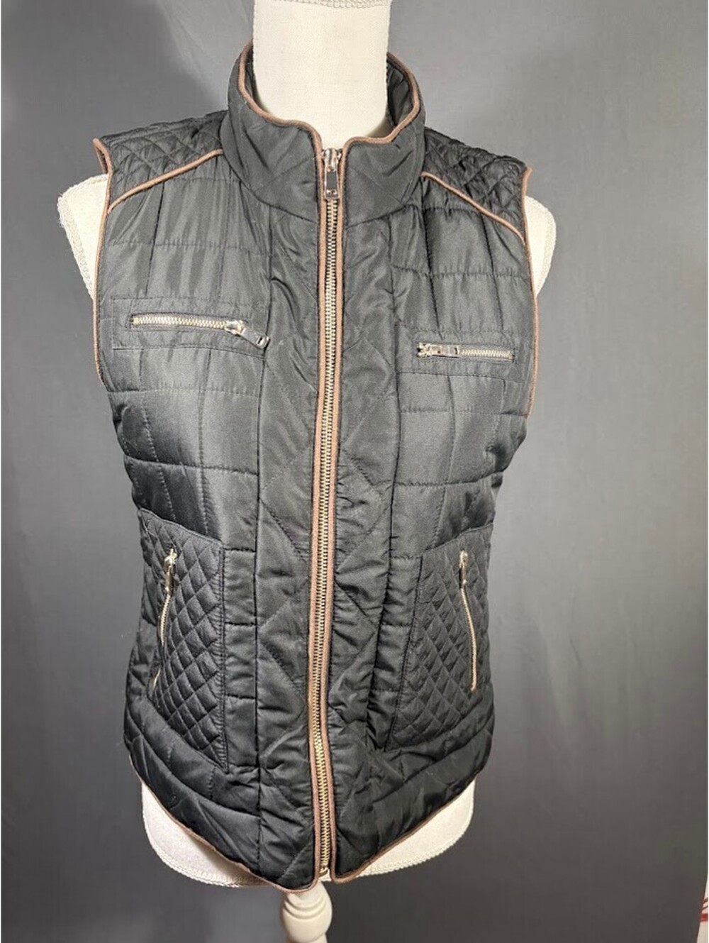 Shinestar Quilted Puffer Vest Womens Medium M Black Faux Leather Trim Full Zip